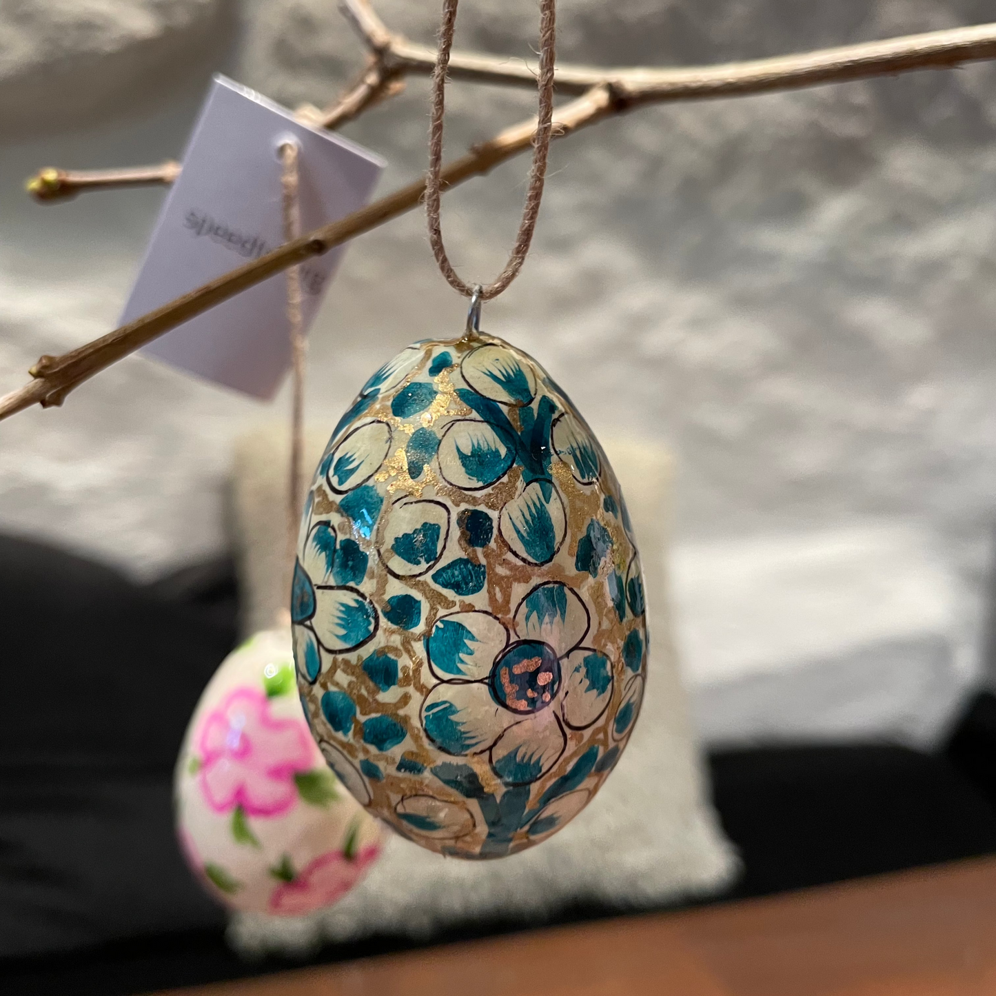 Påskeegg - Blå,gull blomstrete